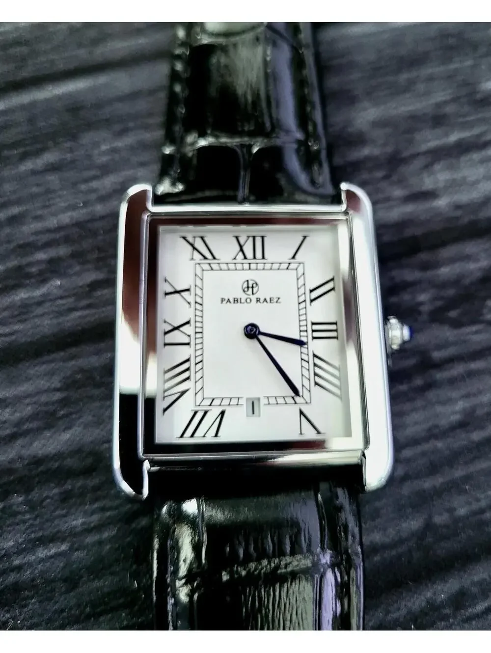Pablo Raez Mens Silver Tank‎ Swiss Style Watch 40mm Large